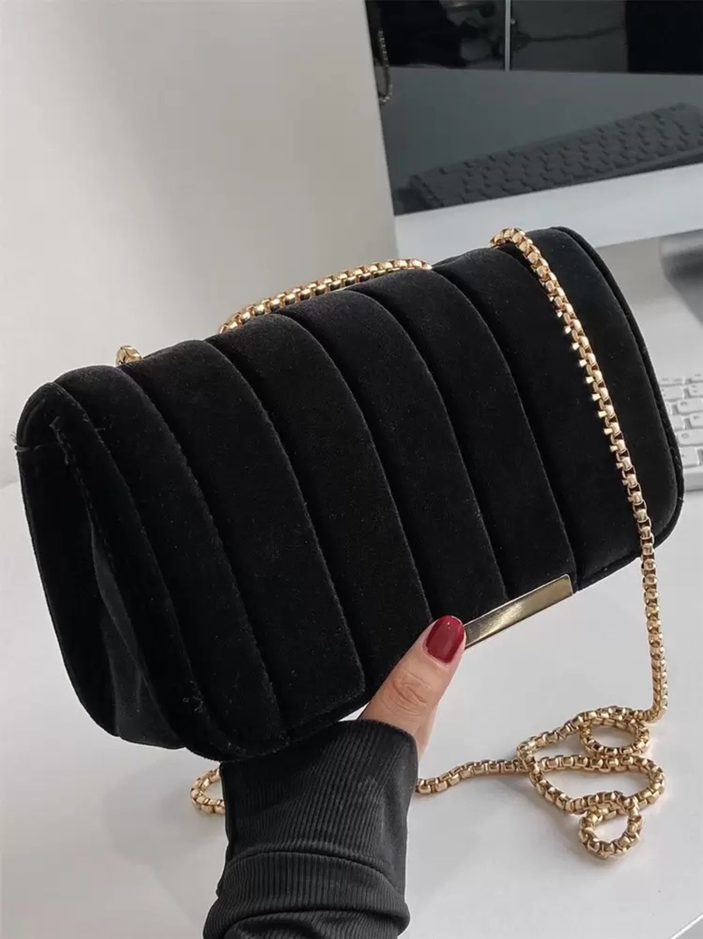 Black Quilted Velvet Chain Shoulder Bag